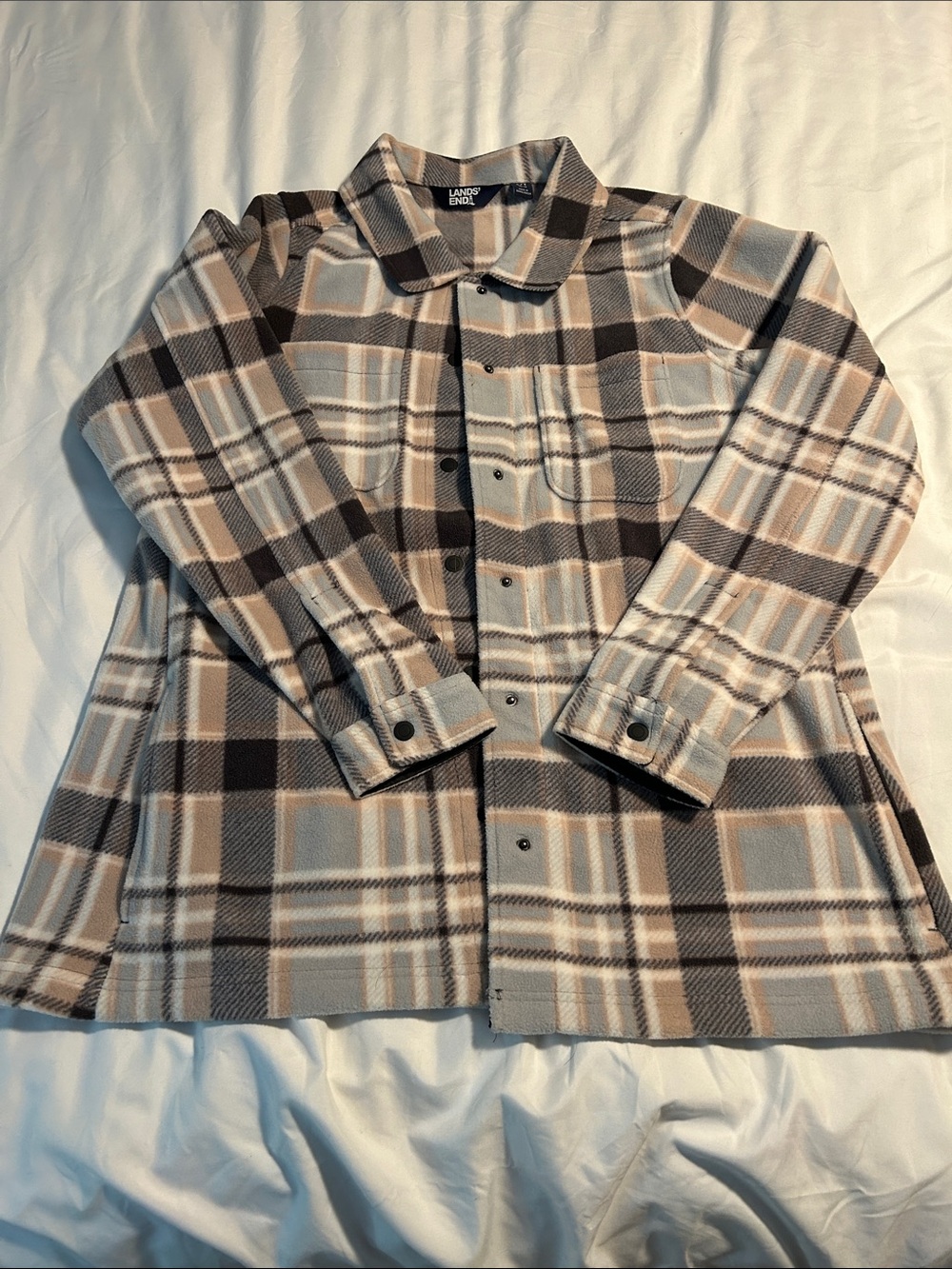 Lands' End Women's Plaid Button-Front Shacket - Beige, Gray & Brown